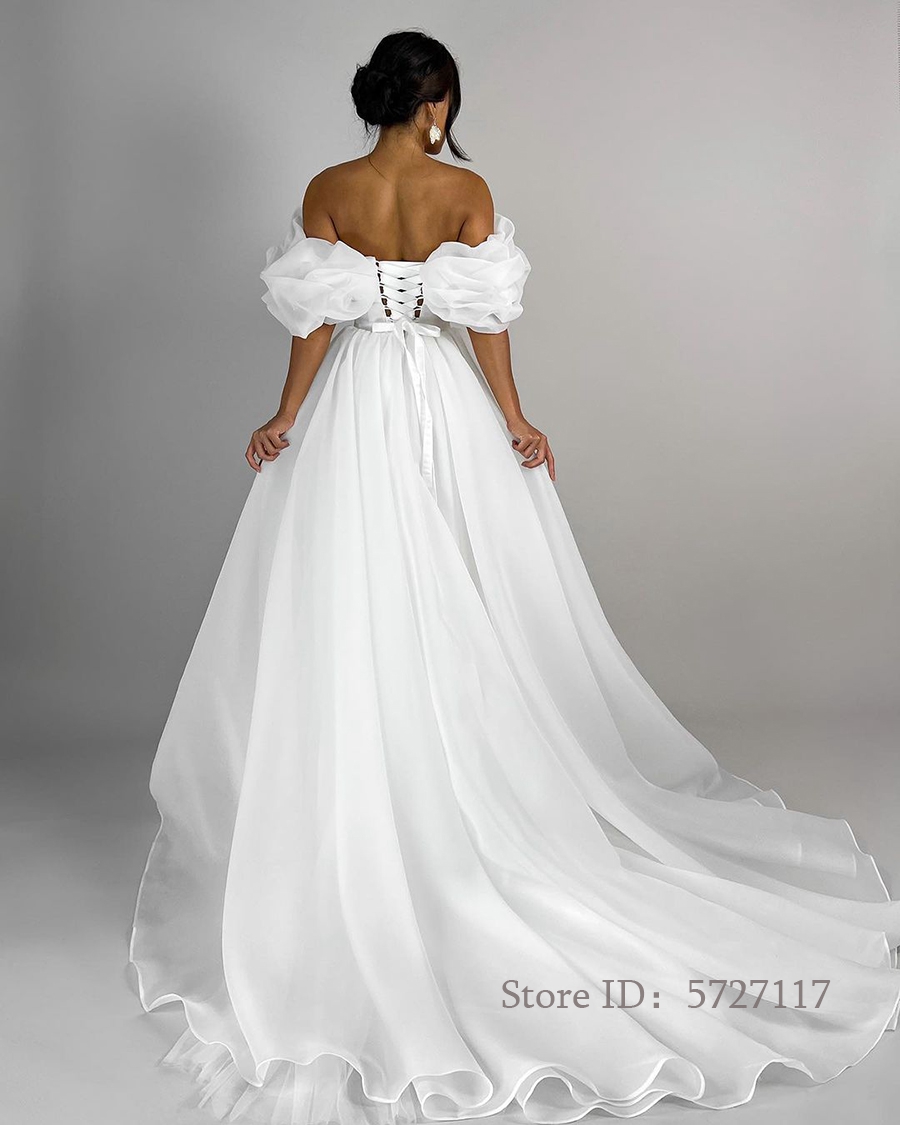 A-line High Slit Wedding Dresses Off Shoulder Backless Lace-up Illusion Temperament Bride Gown Pleat Свадебное платье 
