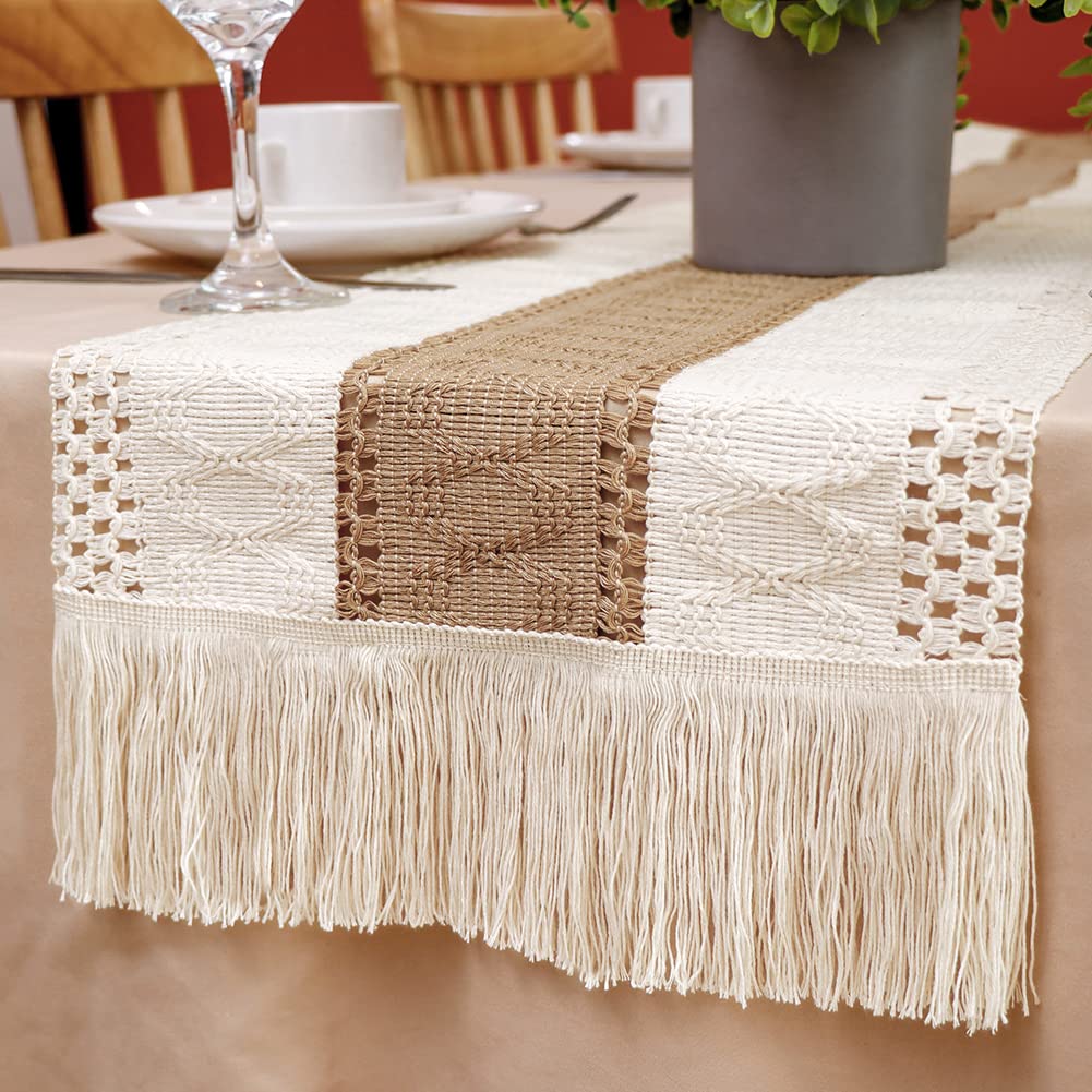 Splicing Burlap Table Runner Farmhouse Style, Boho Table Runner Modern Farmhouse Decor Rustic Woven Cotton Crochet Lace