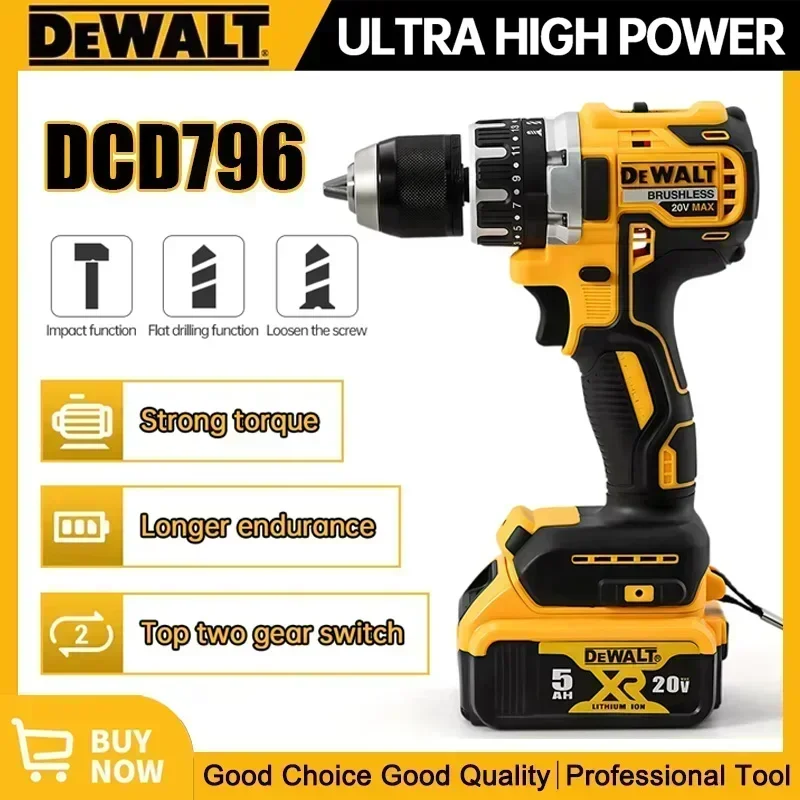 2025 Dewalt 2000RPM Cordless Electric Drill Brushless Driver Adjustable Speed Impact Hand Drill Rechargeable Power Tools DCD796