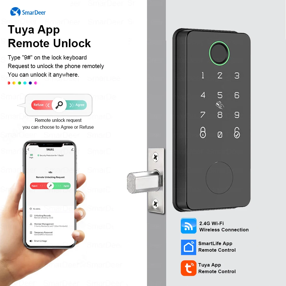 SmarDeer Electronic Door Lock for Tuya Lock with Deadbolt lock Fingerprint Lock Keyless entry with SmartLife App Remote unlock