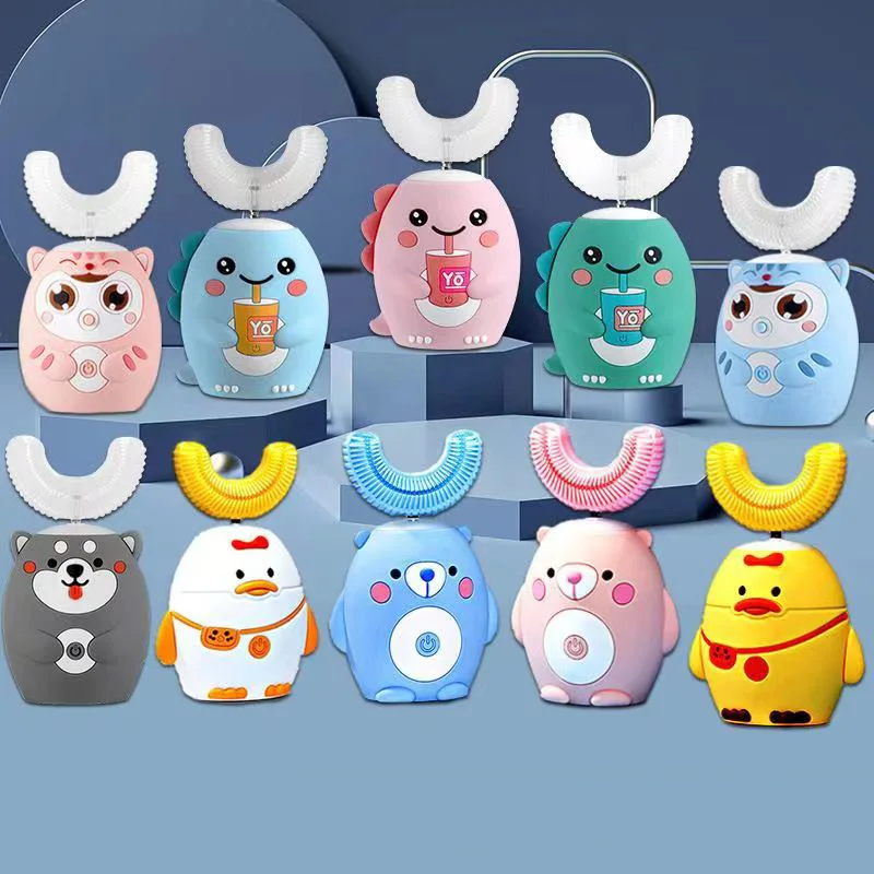360 ° Âm Bàn Chải Đánh Răng Điện Cho Trẻ Em Hình Chữ U Tự Động Silicone Răng Bàn Chải Thông Minh Hẹn Giờ Sạc Đèn IPX7