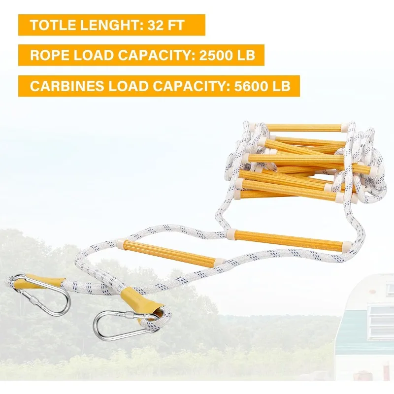 Fire Escape Ladder Flame Resistant Safety Extension Rope Ladder with 2 Hooks, 3 to 7 Story Homes Reusable Compact Portable