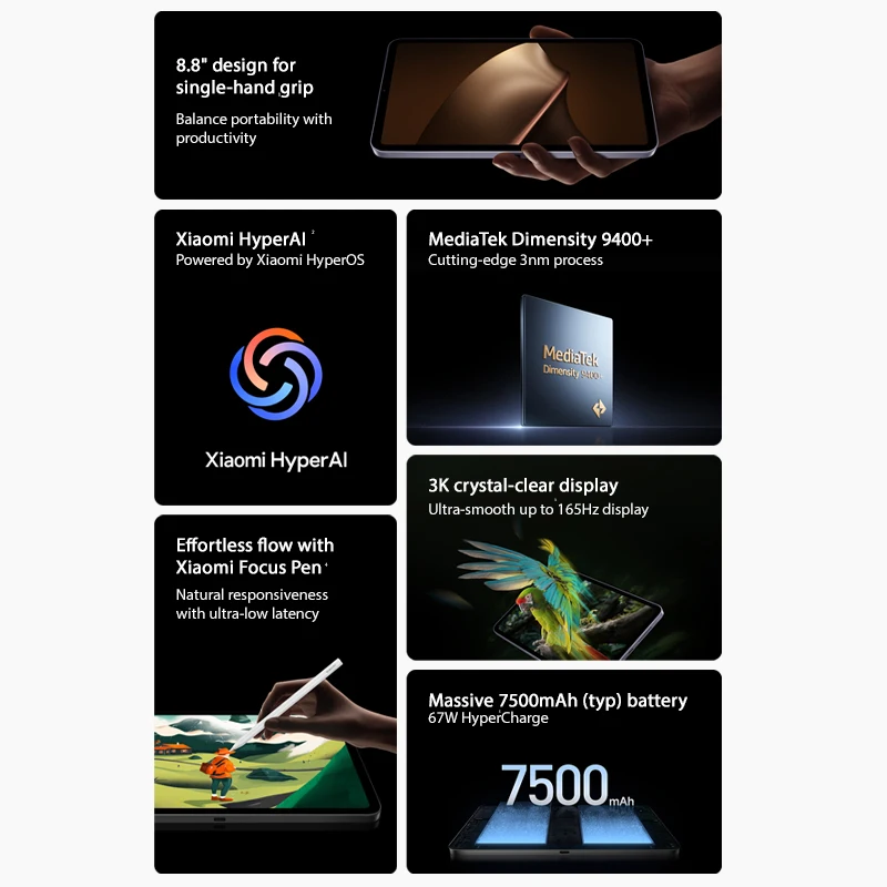 Xiaomi Pad Mini Global Version 8,8-дюймовый сверхчеткий дисплей 3K, аккумулятор 7500 мАч, 67 Вт HyperCharge MediaTek Dimensity 9400+
