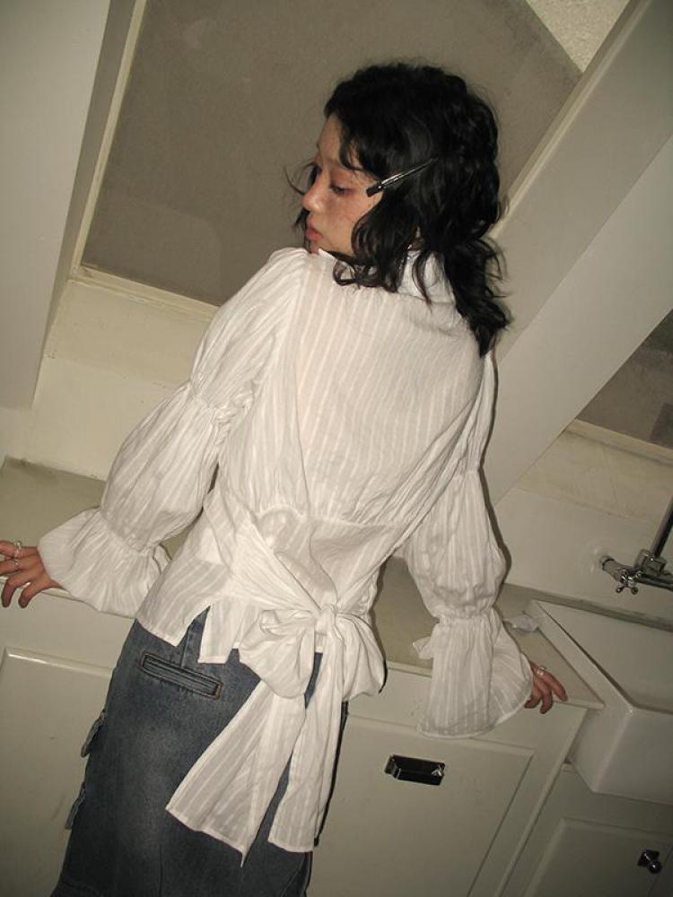Yedinas-Blusa de estilo Fairycore para mujer, ropa de manga acampanada con cordones, camisa de un solo pecho con lazo, Tops elegantes Y2k para otoño, 2023