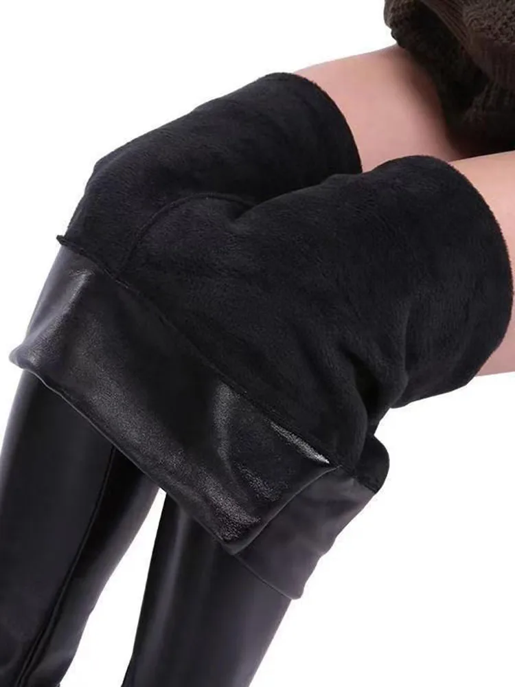 Qisin PLUS ขนาดฤดูหนาว PU หนังกางเกงขายาวผู้หญิงหนา WARM Legging กางเกงขายาวเอวสูงกางเกงหนังสีดําผู้หญิง