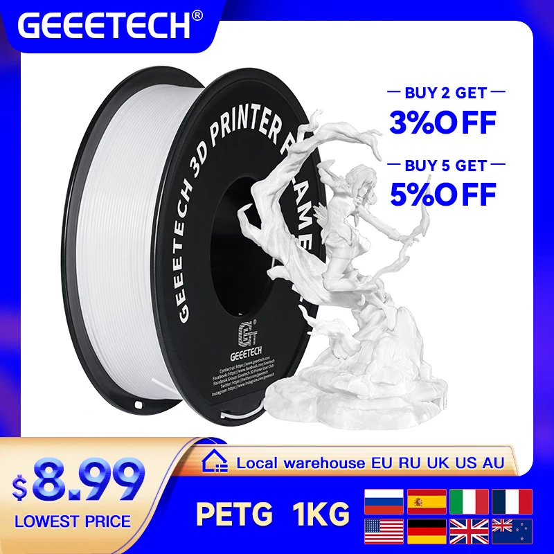 GEEETECH 1 кг 1,75 мм PETG-нить для 3D-принтера, вакуумная упаковка, зарубежные склады, быстрая доставка