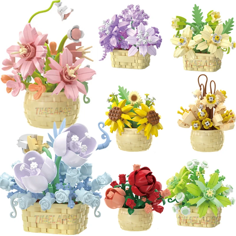 Diy moc vaso rosa girassol plantas suculentas bonsai árvore jardins romântico blocos de construção modelo tijolos crianças conjuntos kits brinquedos