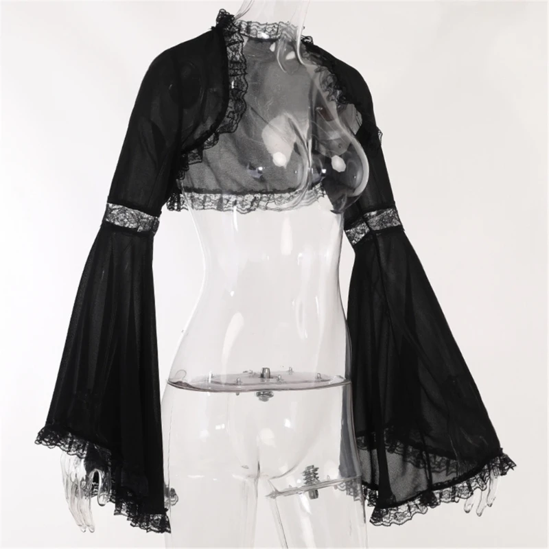 Camiseta gótica manga comprida vitoriana com meia colheita top vintage para mulheres