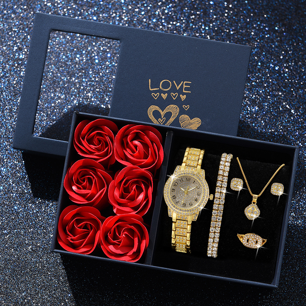6 pçs moda de luxo feminino relógio colar brincos anel conjunto para mulheres strass relógio de pulso pulseira conjunto presente do dia dos namorados