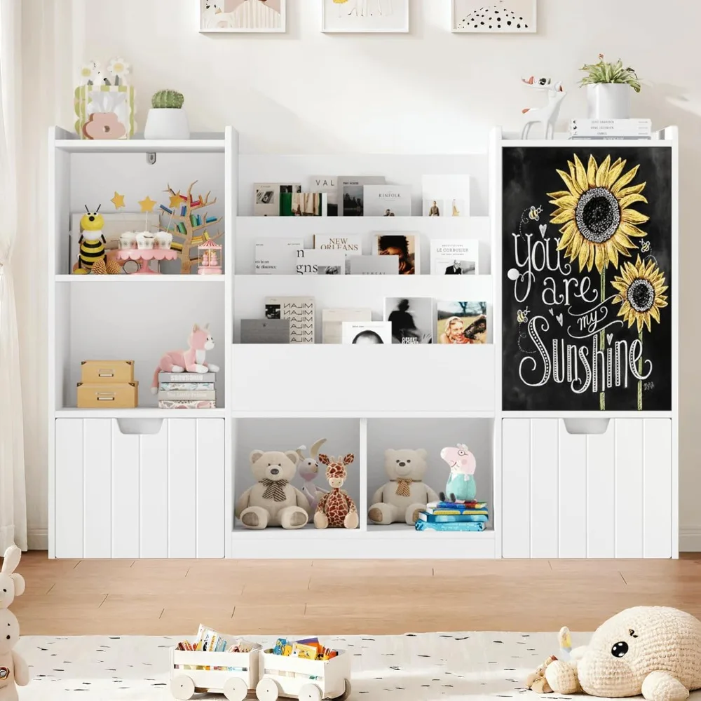 "Toy Storage Organizer, 55.1” Large Bookshelf & Storage Unit with Chalkboard – Includes 2 Mobile Bins for Kids’ Room Organiza