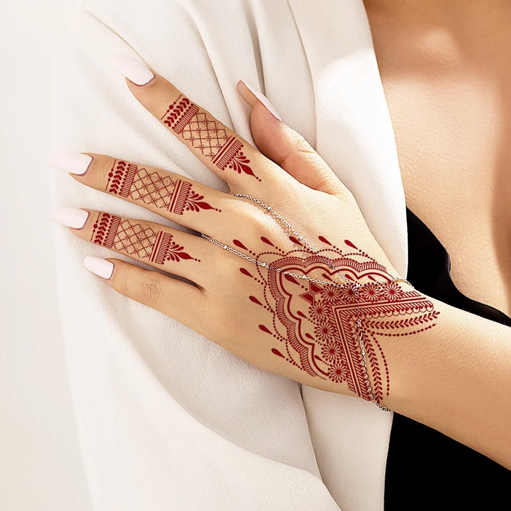 Pegatinas de tatuaje de Henna impermeables para mujer, tatuaje falso instantáneo de flores para tatuajes temporales de mano para fiesta de boda y Festival