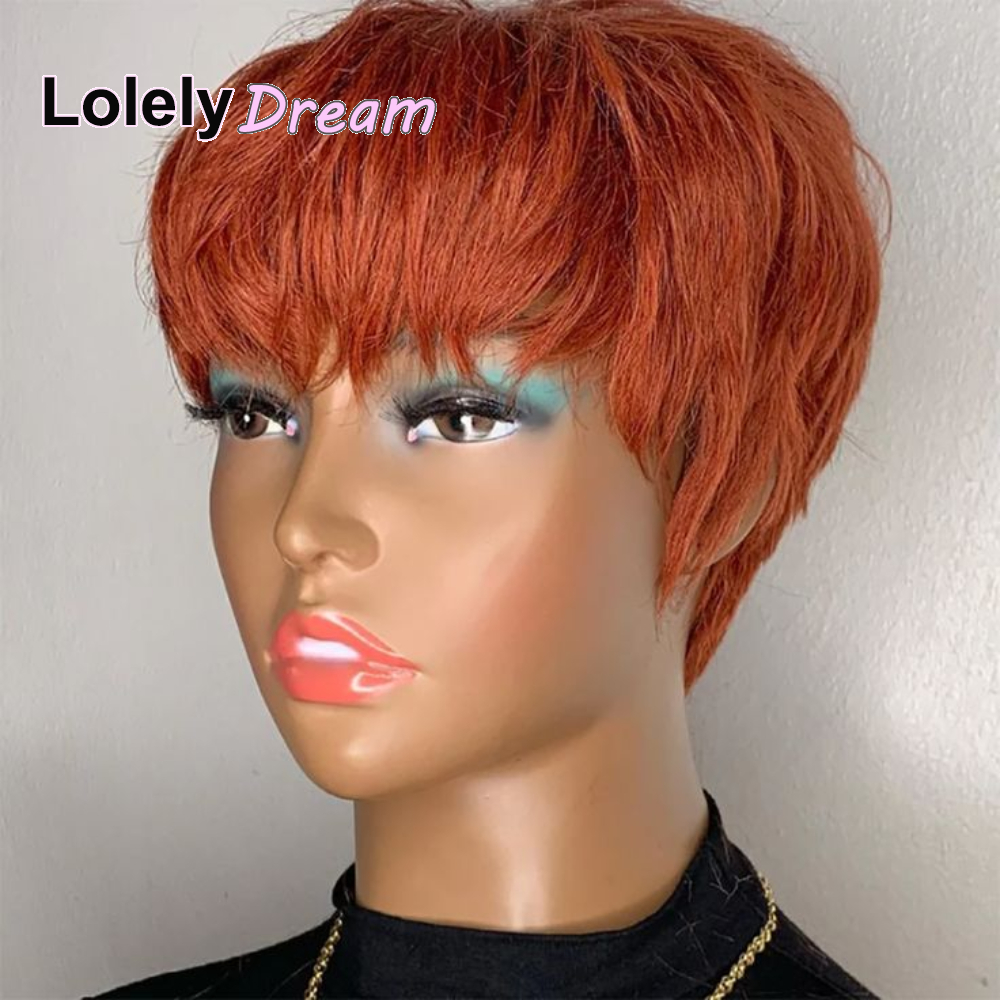 Lolely sonho máquina feita feminina curto laranja gengibre 100% peruca de cabelo humano com franja remy peruca reta em camadas pixie corte bob peruca