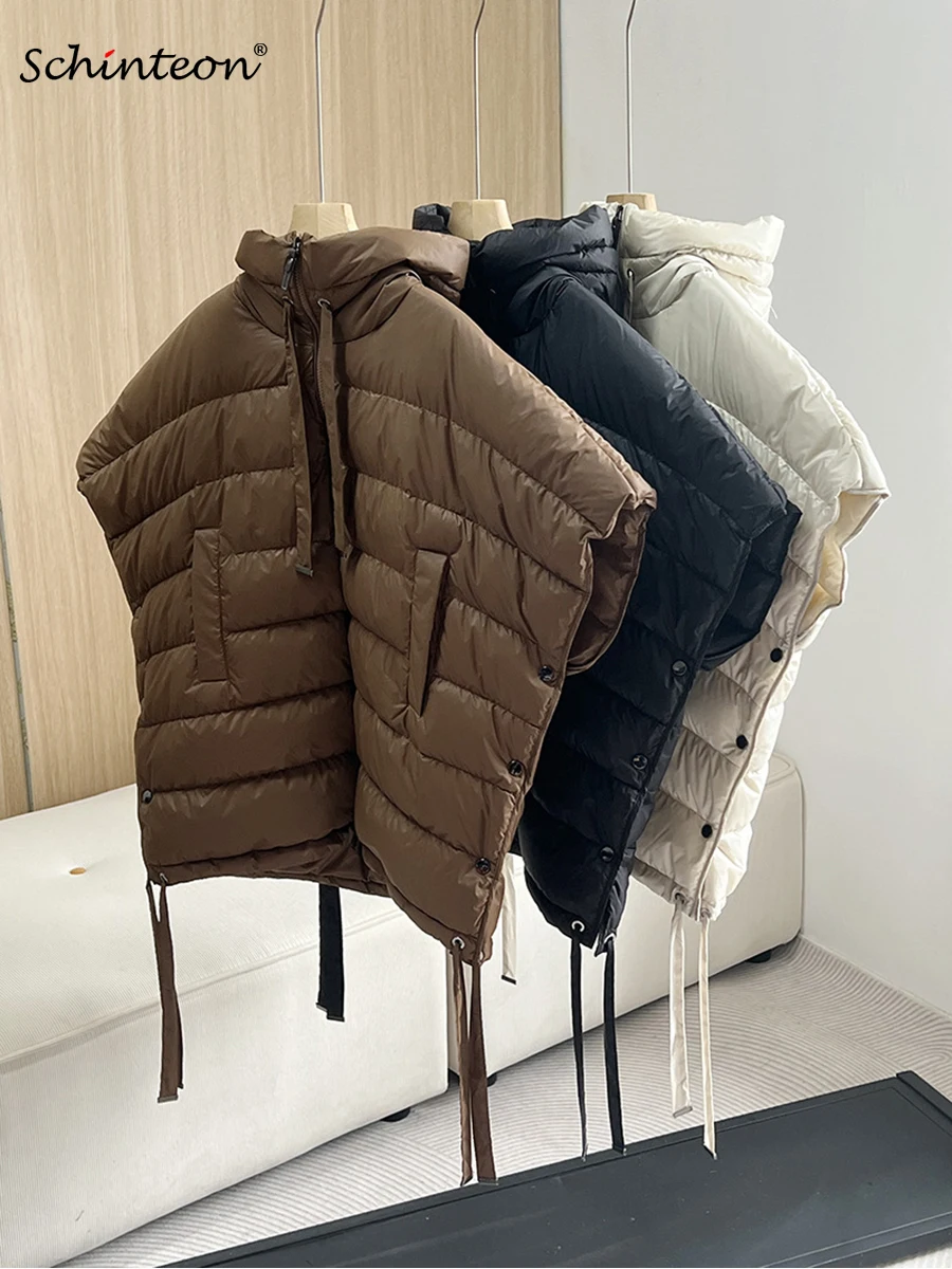 Schinteon feminino 90% pato branco para baixo colete irregular com capuz sem mangas jaqueta sólida moda outono inverno topo 2025 novo