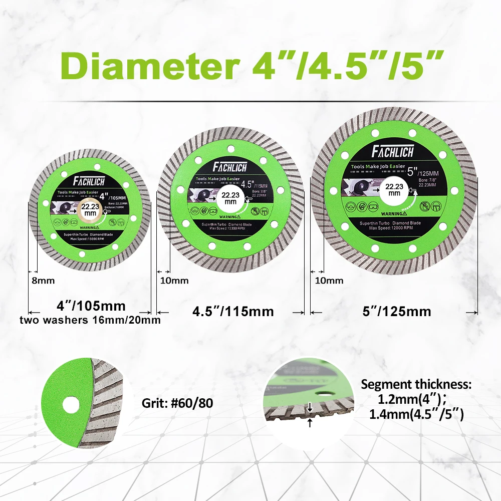 FACHLICH 1/2/5pcs 4/4.5/5inch Super-Thin Diamond Turbo Cutting Saw Blades Ceramic Tile Granite Marble Cutting Disc 105/115/125mm