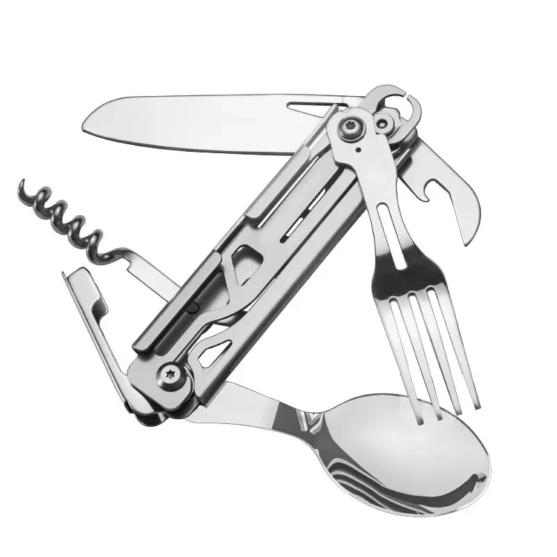 Set di posate multifunzionali Stoviglie da campeggio pieghevoli portatili Coltello in acciaio inossidabile Forchetta Cucchiaio Apriscatole Attrezzatura da esterno