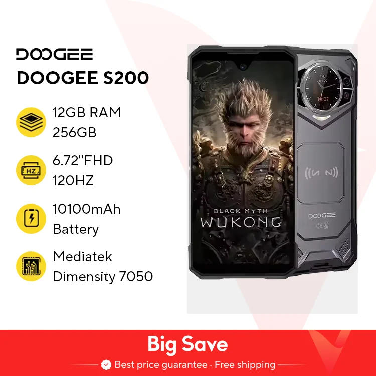 Anteprima mondiale DOOGEE S200 Telefono robusto 5G Display da 6,72" 120Hz 12GB RAM 256GB ROM 100MP AI Fotocamera principale 10100mAh Android 14 NFC