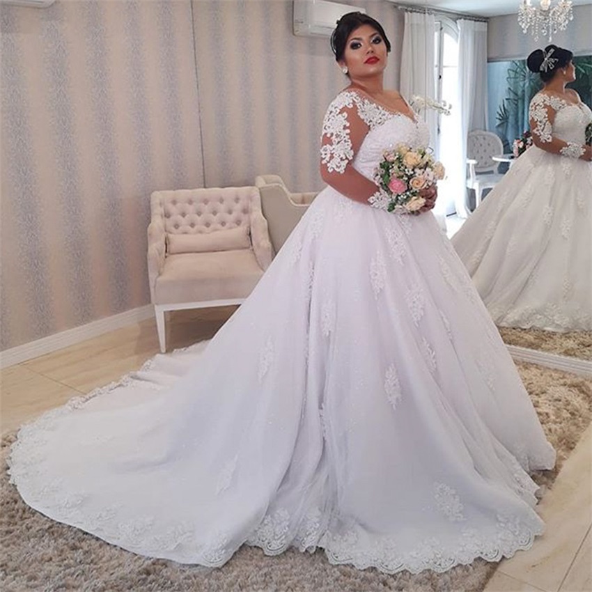 Vestido de noiva manga comprida com pérolas e apliques Beading, vestidos de noiva brancos plus size, ilusão