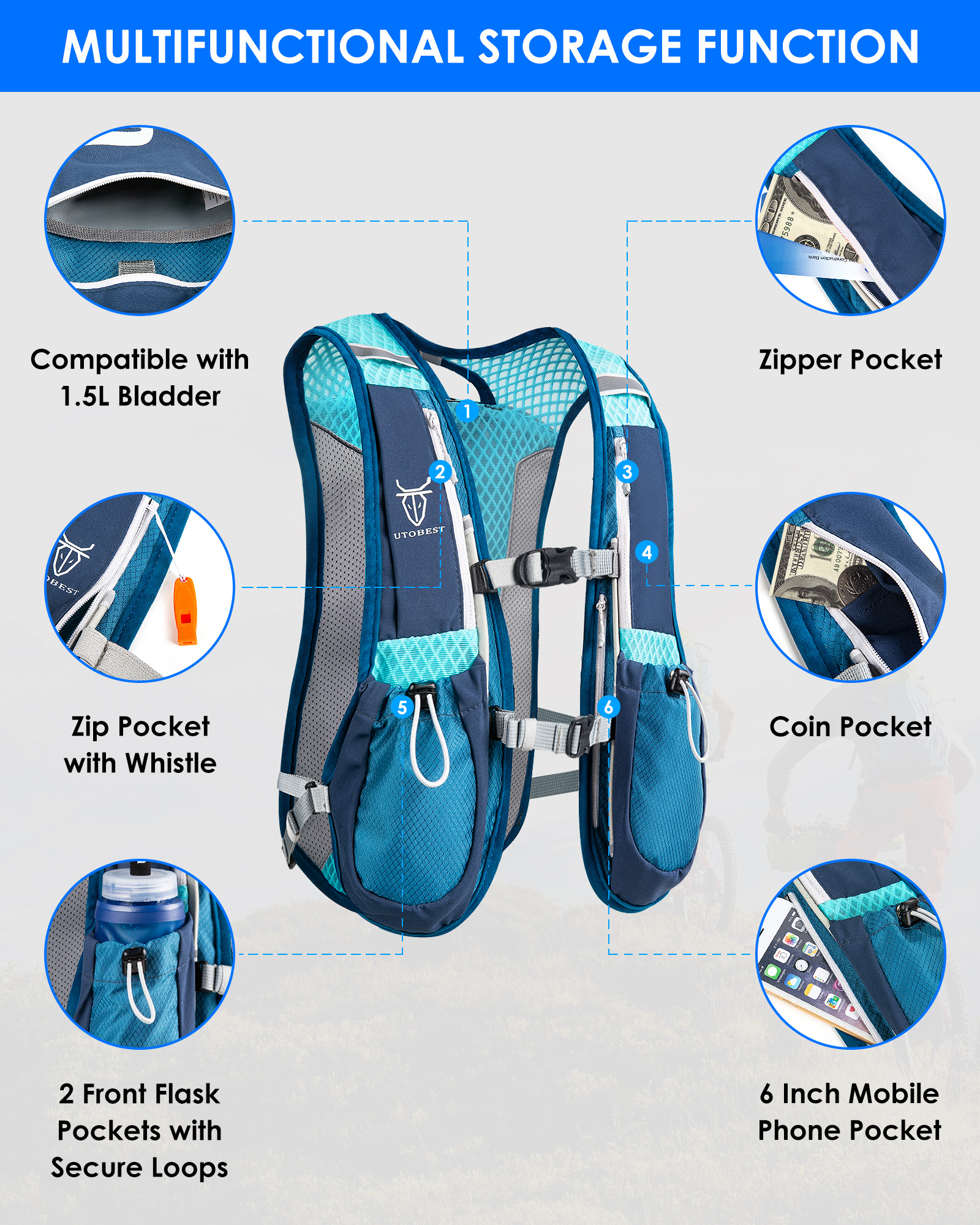 UTOBEST-Mochila de Trail Running, Colete Ultra Leve Hidratação, Pacote Funcional Respirável, Maratona, Ciclismo, Caminhada, 5L