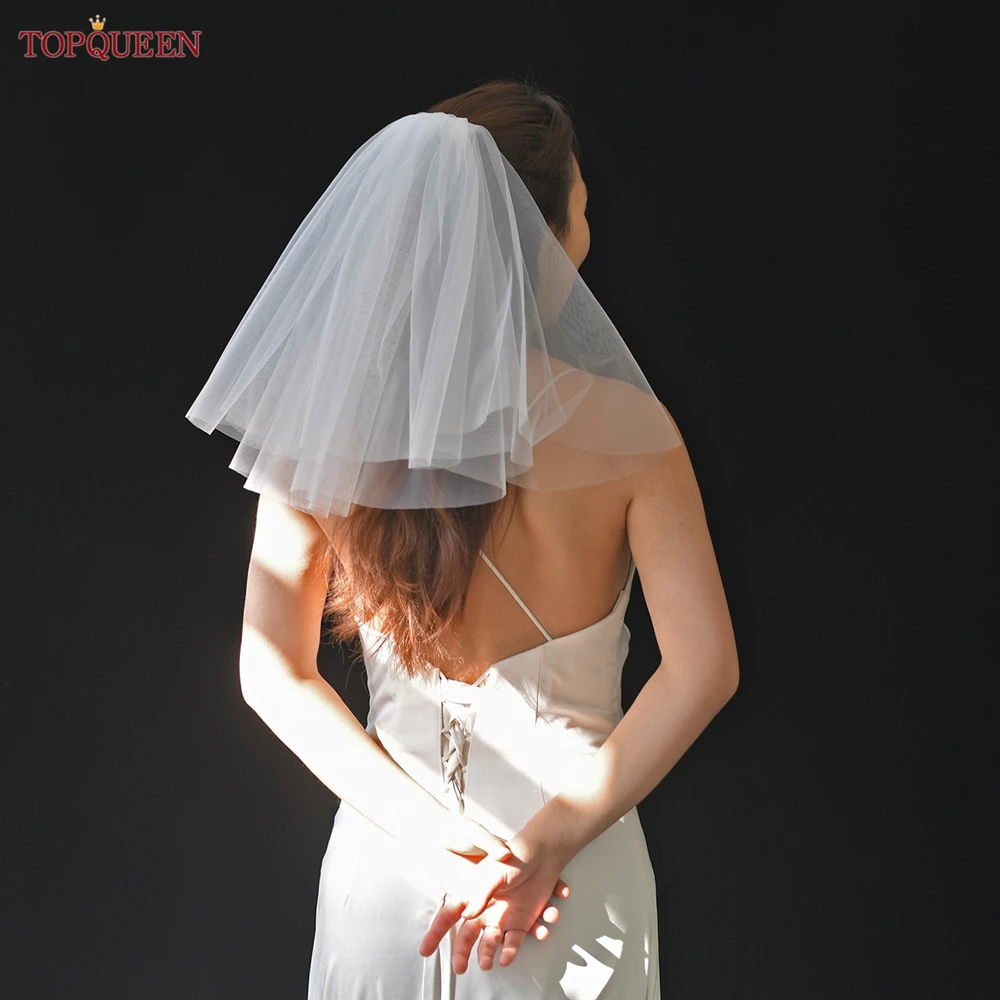 TOPQUEEN penutup kepala pengantin elegan 40cm 2 tingkat sederhana pendek putih gading pernikahan Tulle potongan tepi untuk aksesoris pernikahan penjualan laris V26