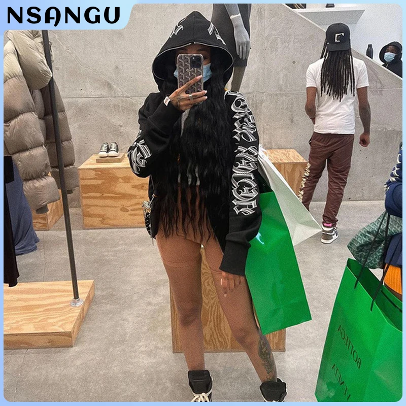 Sudadera con capucha y cremallera para mujer, ropa de calle con estampado de letras, chaquetas ciber Y2k, cárdigan, ropa gótica Punk, invierno, 2023