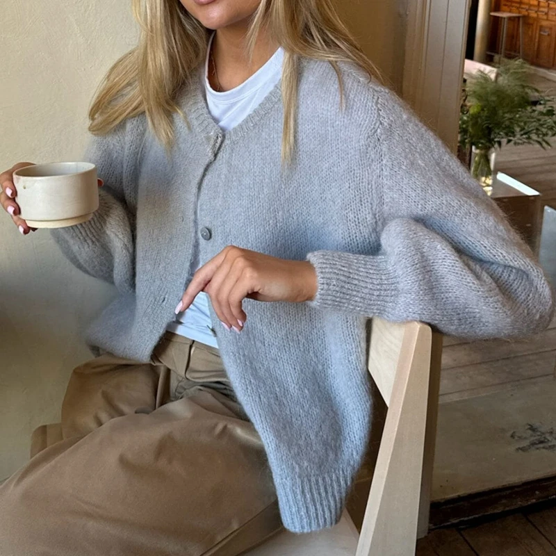 Frauen Damen Mode Einfarbig Strickjacken Frühling Herbst Button-Down Strickwaren Jacke Mantel Preppy Y2K Vintage Gestrickte Pullover