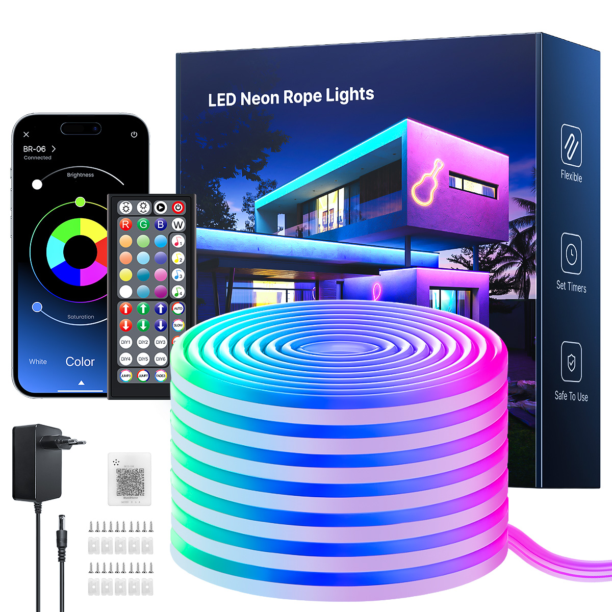 (EU PLUG) Luz de tira de néon LED, corda de néon de 5-30M com controle remoto de 44 teclas por aplicativo para decoração de casa iluminação de fadas