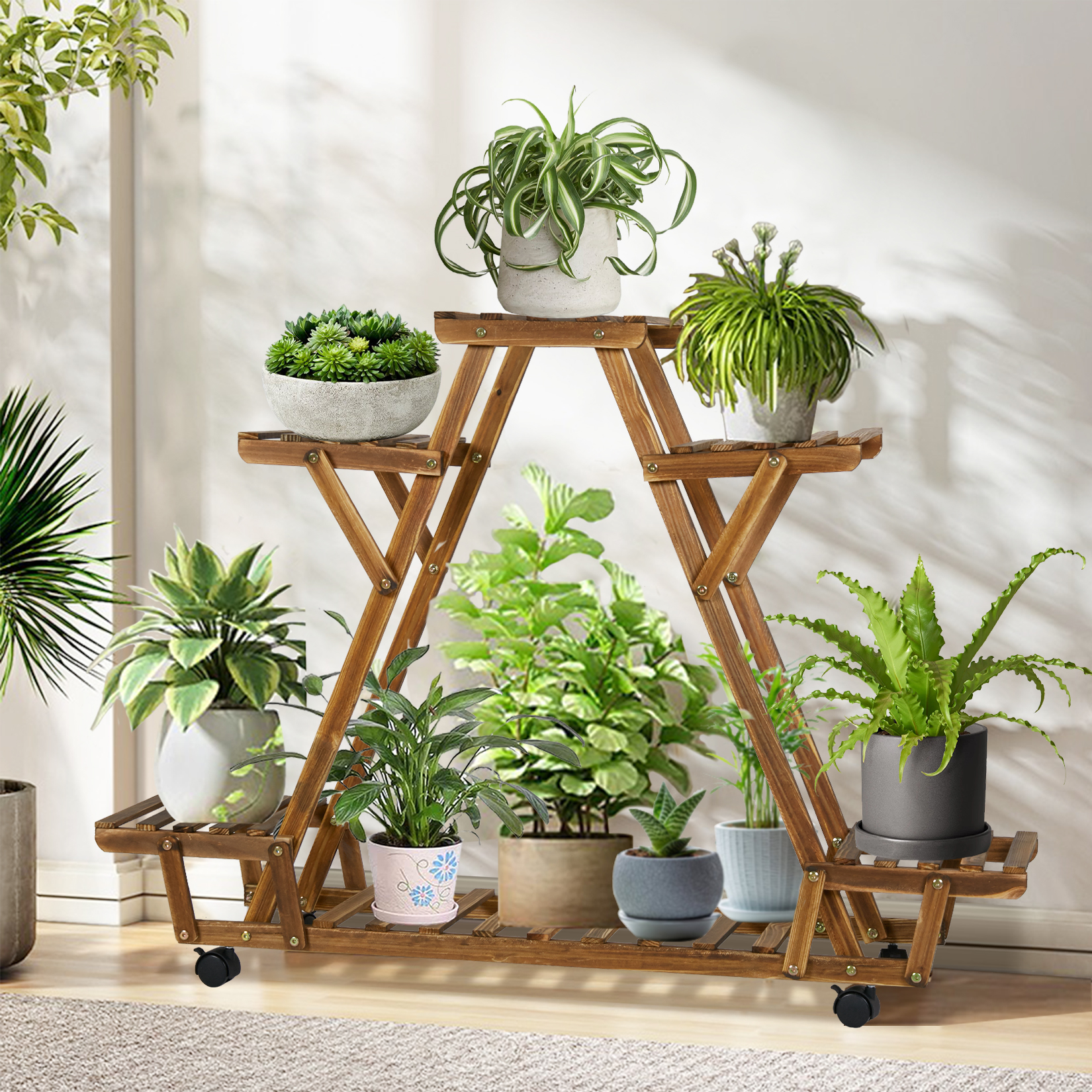 Suporte móvel para plantas de madeira, prateleira triangular, vaso de flores, suporte de armazenamento, exibição de jardim, estante, exterior, interno, 6 camadas