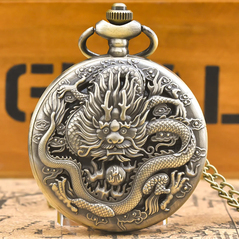 Vintage Bronze Steampunk Orientalischer Drache geschnitzt Quarz Taschenuhr Halskette Anhänger Uhr Kette Männer Frauen Kette Geschenk