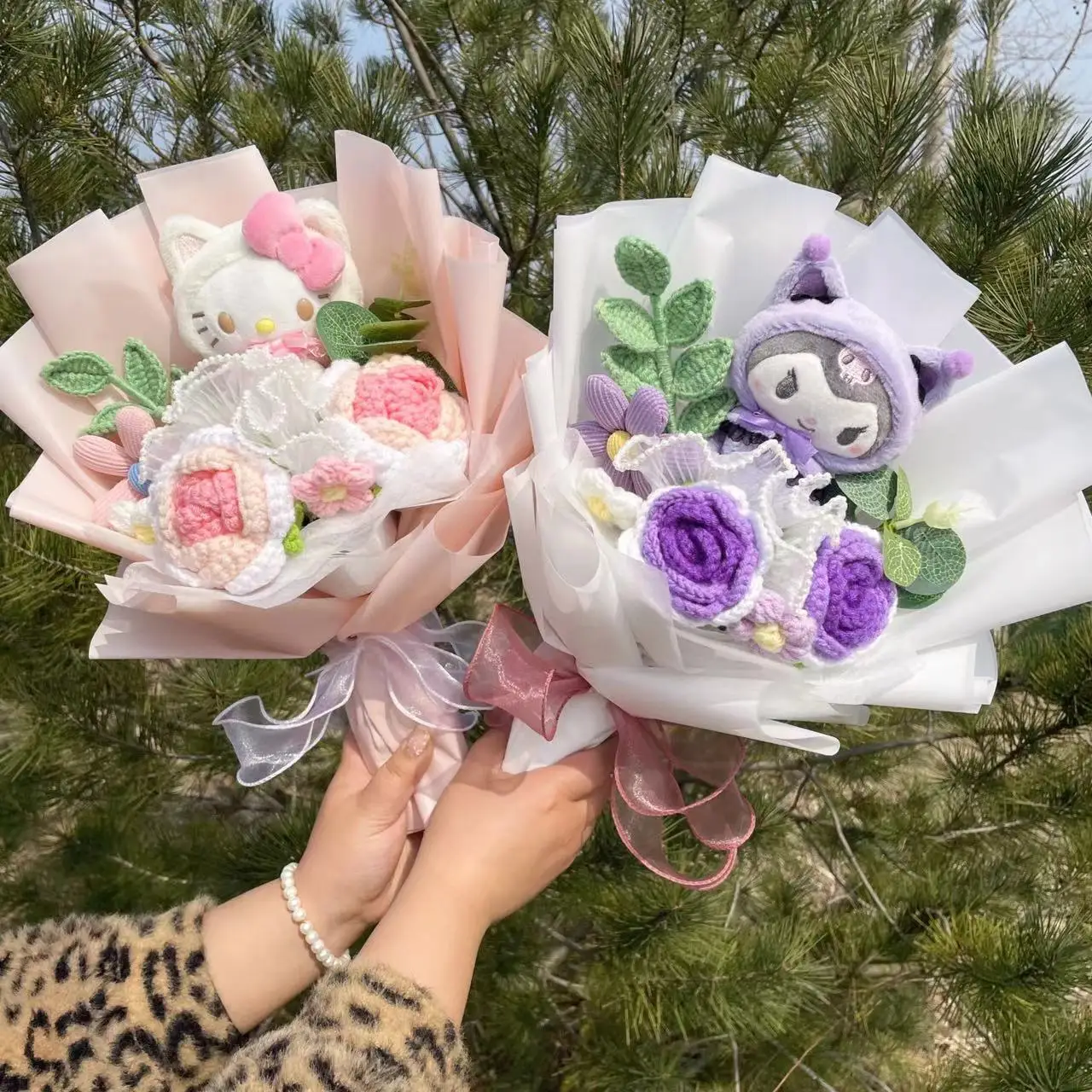 Muñecas de gato Kawaii Hello Kitty con flores artificiales, ramo creativo, regalos de graduación, cumpleaños, Navidad, San Valentín
