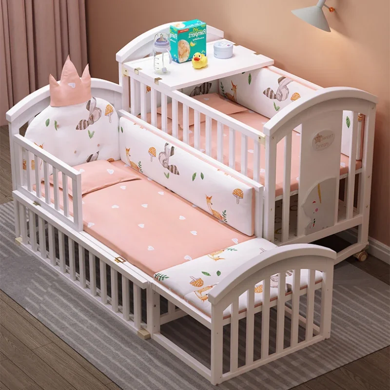 ไม้เนื้อแข็ง spliced เปล Multifunctional ยุโรปสไตล์เด็กเตียงเคลื่อนย้ายได้ทารกแรกเกิด Cradle เตียงขนาดใหญ่ Baby REST เก้าอี้