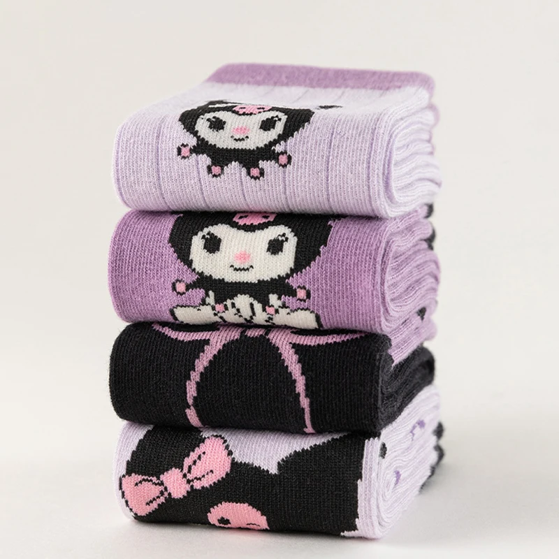 4 Pairs of High-Quality Cartoon Anime Character Kuromi Pattern Women's Straight Socks Comfortable and Soft Casual Women's Socks