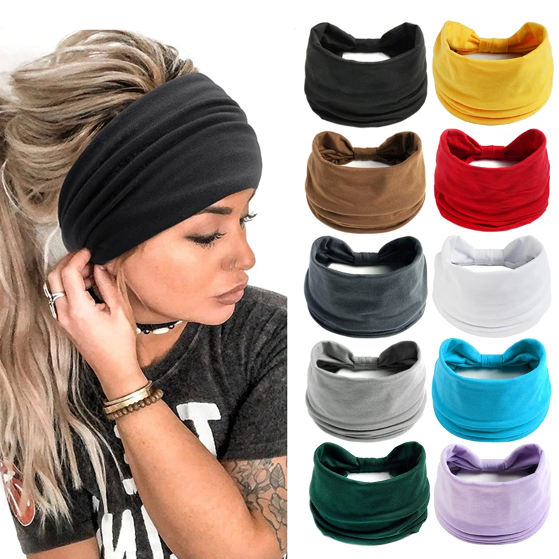 Novo boho cor sólida larga headbands vintage nó elástico turbante headwrap para mulheres meninas algodão macio bandana acessórios de cabelo
