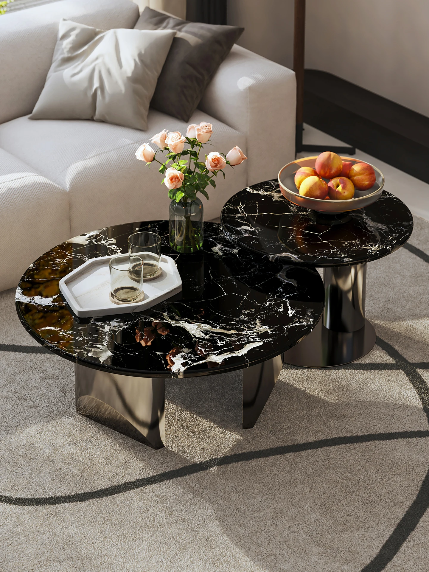 Mesa de centro italiana luxuosa em mármore, preto, rosa, dourado, redondo, 2025 wabi sabi, conjunto de sala de estar, minimalista, moderno, decoração de mesa central