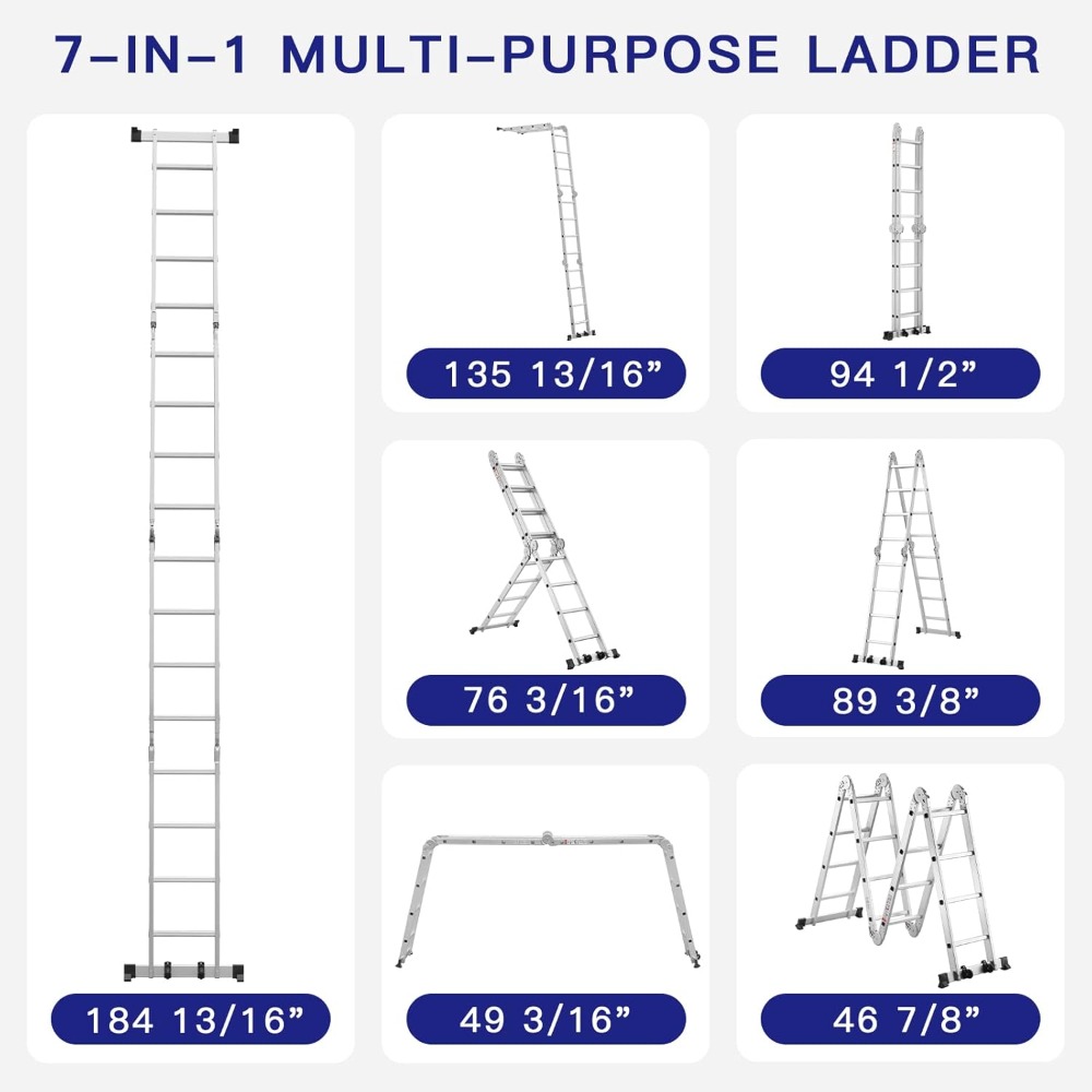 Escalera Multiusos 7 em 1, 4x4 Escalones 4,70 M de Aluminio, Escalera multifunción con 2 Plataformas y 2 Ruedas Rimovibili, 16