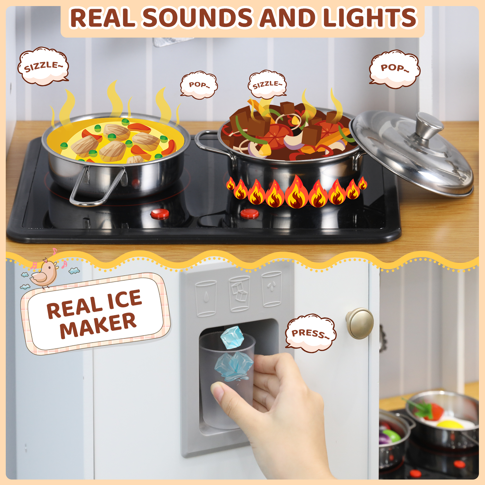 Play Kitchen for Kids, Pretend Preschool Kitchen Sets, Wooden Cooking Playset w/Realistic Light & Sound