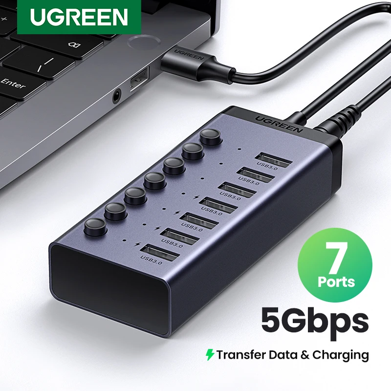 UGREEN USB-концентратор, 7 портов, USB3.0, разветвитель, 5 Гбит/с, с индивидуальным переключателем, адаптер питания для ПК, ноутбука, USB-порты, удлинитель, док-станция USB-C