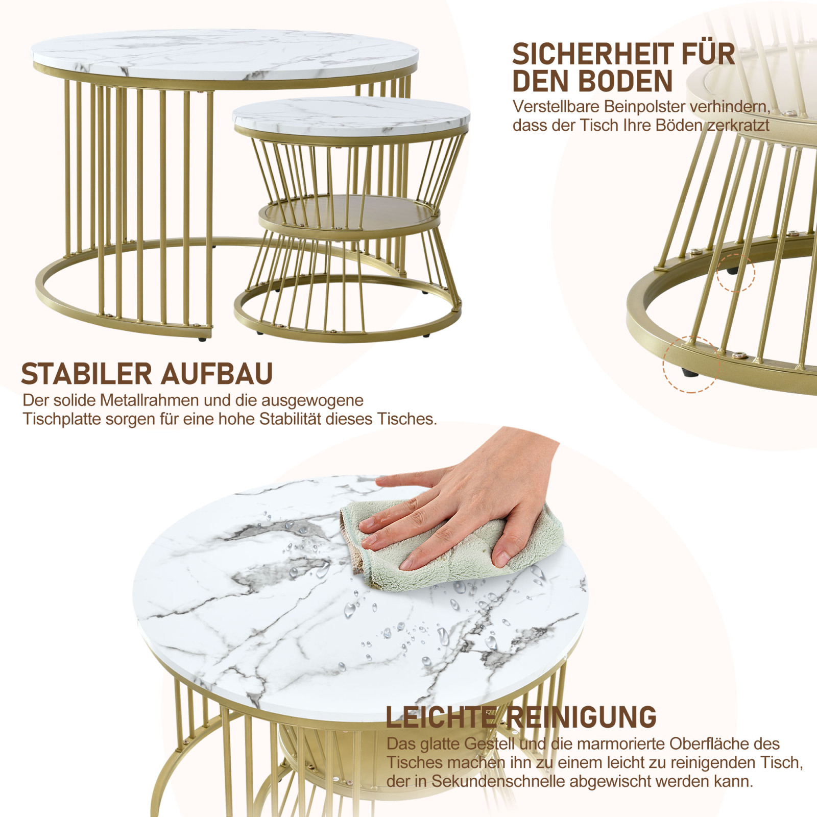 Ensemble de table basse imbriquée moderne, table basse en marbre, tables rondes, cadre de couleur dorée, 200 000 pages de canapé, 2 pièces