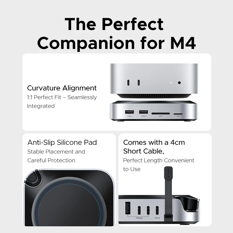 Док-станция UGREEN USB-концентратор для Mac Mini M4 M4 Pro M.2 NVMe SSD 8 ТБ Макс. 10 Гбит/с USB-A&C Порты SD&TF 170 Мбит/с USB-разветвитель Док-станция