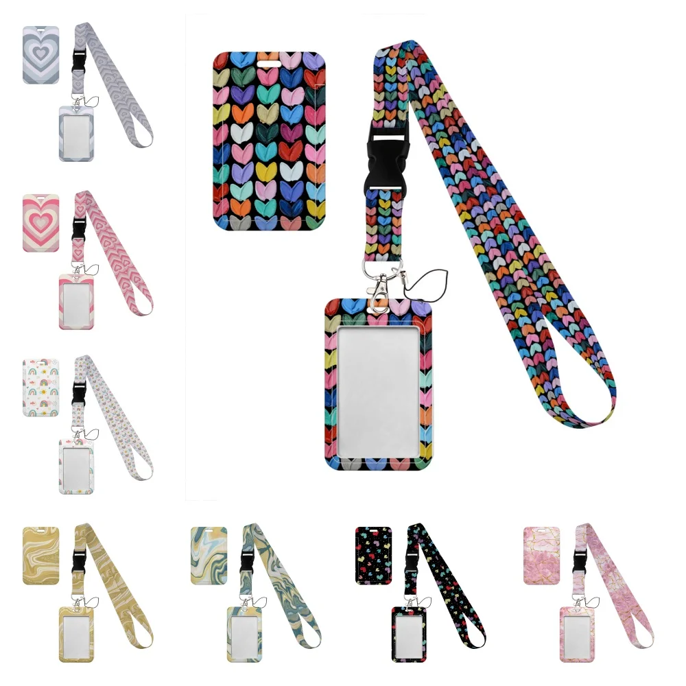 Tarjetero Simple de mármol con forma de corazón y arcoíris, con hebilla, cuerda colgante encantadora, pase de identificación, accesorios colgantes, funda para passthro con cordón
