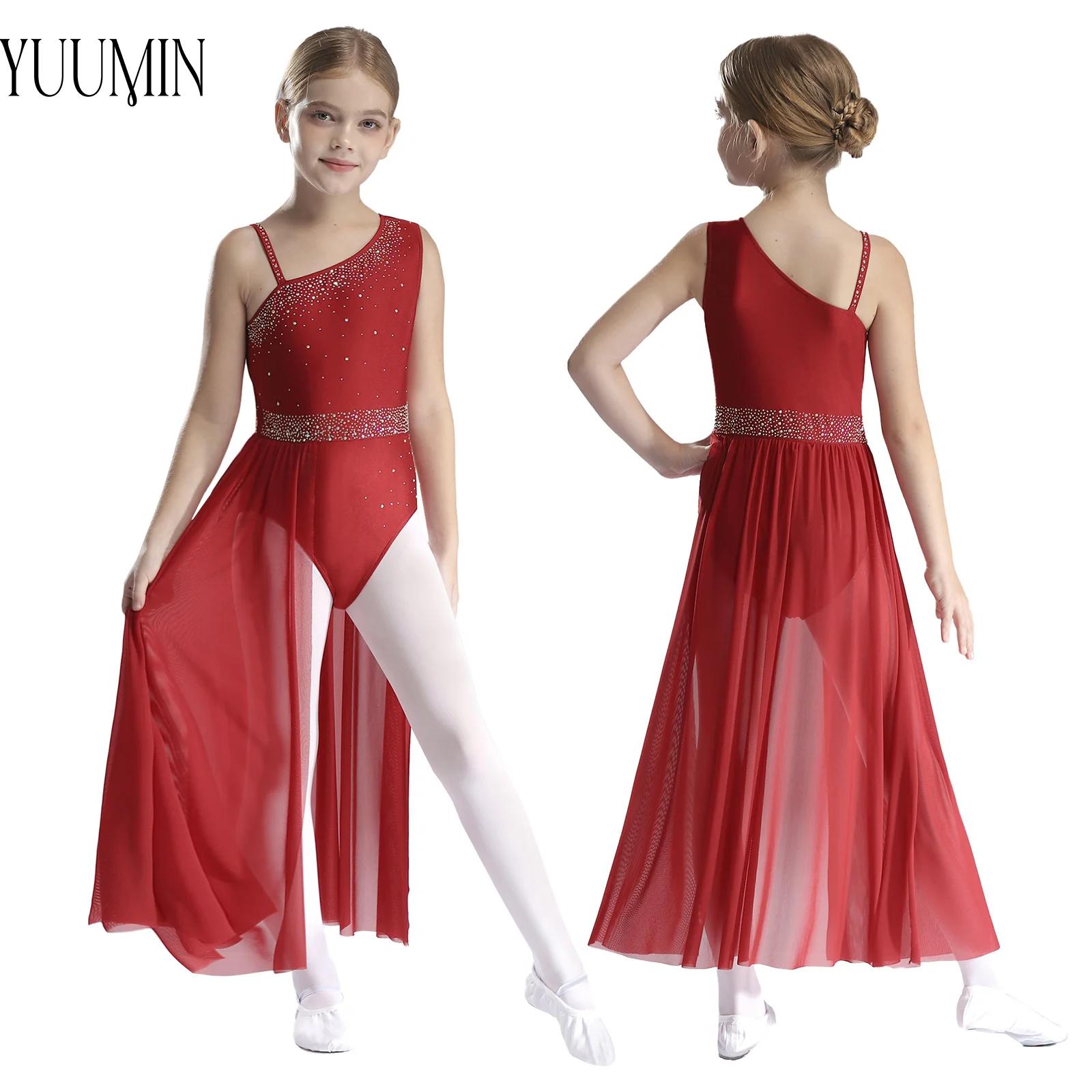 Kinder Mädchen lyrische Tanz kleid Mode Strass ärmellose Mesh Spleiß Rock Trikot Tanz kleidung Ballett moderne Tanz kleidung