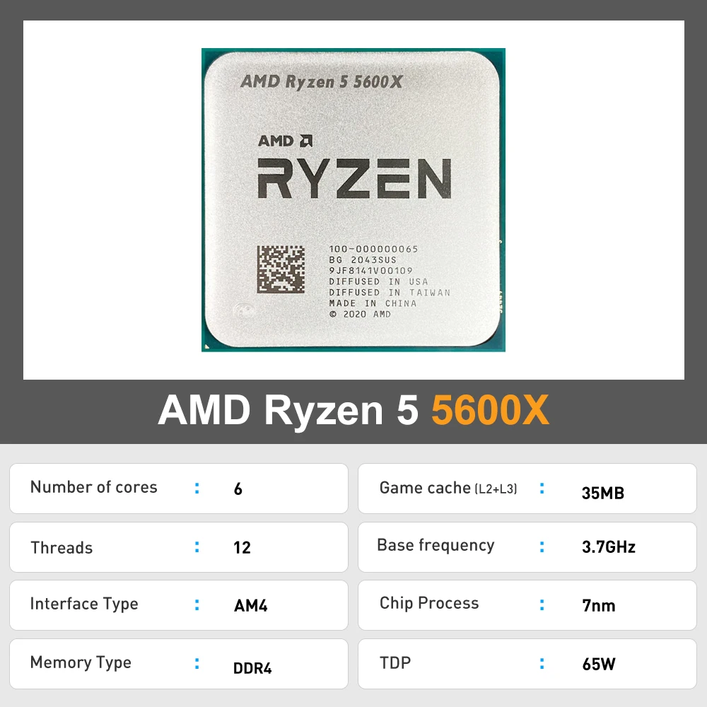 Amd-ryzen 5 5600x cpu r5 5600x, 3.7 ghz, 6コア,12スレッド,7nm, 65w, l3 = 32m, 100-000000065,am4ソケット