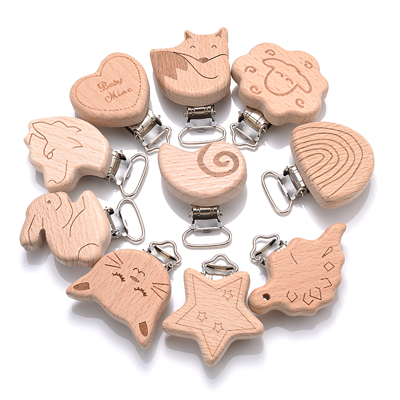 5 Teile/los 16 Stil Buche Holz Clip Herz Tiere Regenbogen Form Dummy Clips für Baby Schnuller Kette Halter Beißring Zubehör