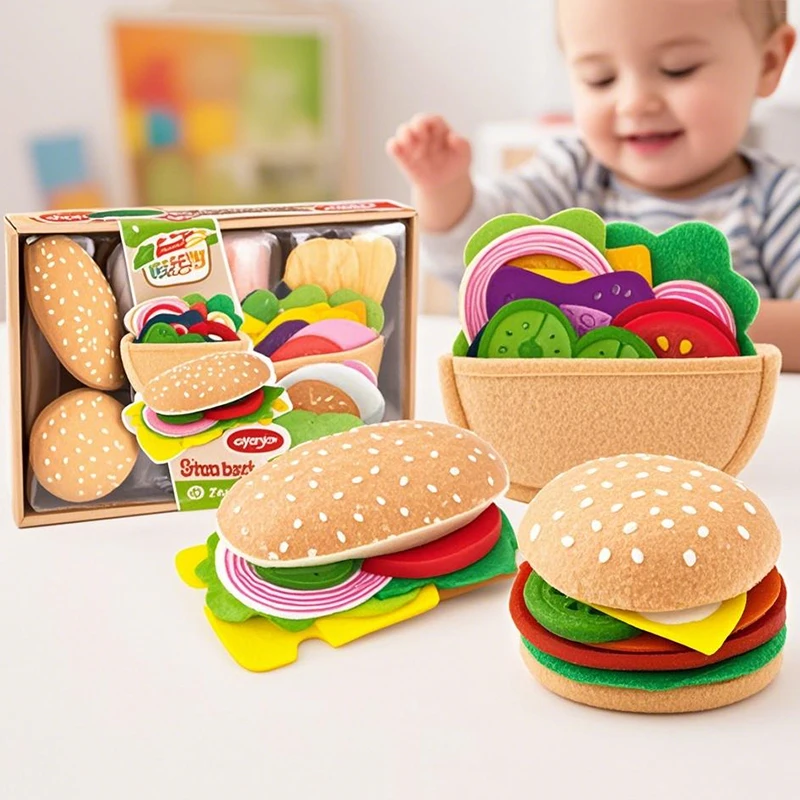 28 Uds. De tela de fieltro, juguete de comida, comida de fieltro de simulación, tela para hamburguesa, juego de perritos calientes DIY, juego de cocina para niños, juguetes de juego de rol, regalo
