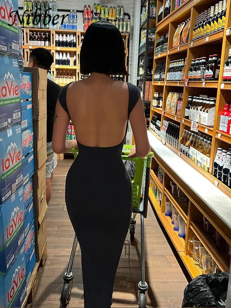 Nibberเซ็กซี่Backless Maxiชุดผู้หญิงElegant Elastic Slimแขนสั้นชุดยาวหญิงBodycon Streetwearเสื้อผ้า