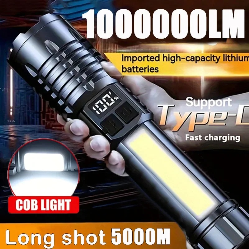 Tragbare Hochleistungs-LED-Taschenlampe, leistungsstarke wiederaufladbare COB-Taschenlampe TYPE-C mit Seitenlicht, Taschenlampe für Outdoor-Camping, Wandern
