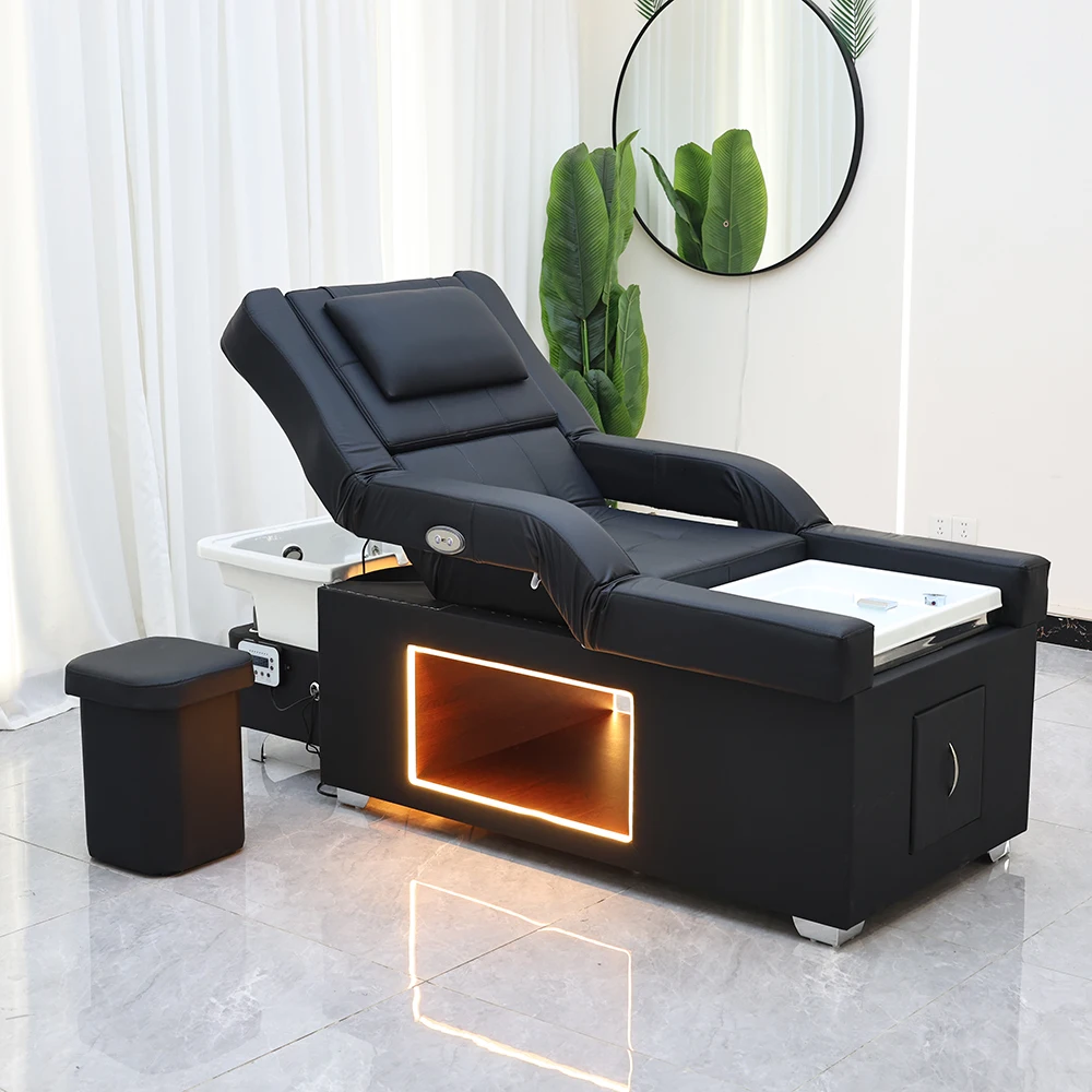 Xinsheng cabeça spa salão de beleza cama de lavagem de cabelo shampoo mesa de massagem tailandesa barbearia móveis comerciais com bacia de banho de pés
