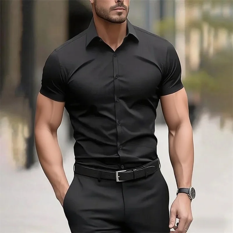 Camisa casual de color sólido para hombre, tela elástica de manga corta de color sólido de alta calidad, camisa formal de negocios, talla XS-6XL