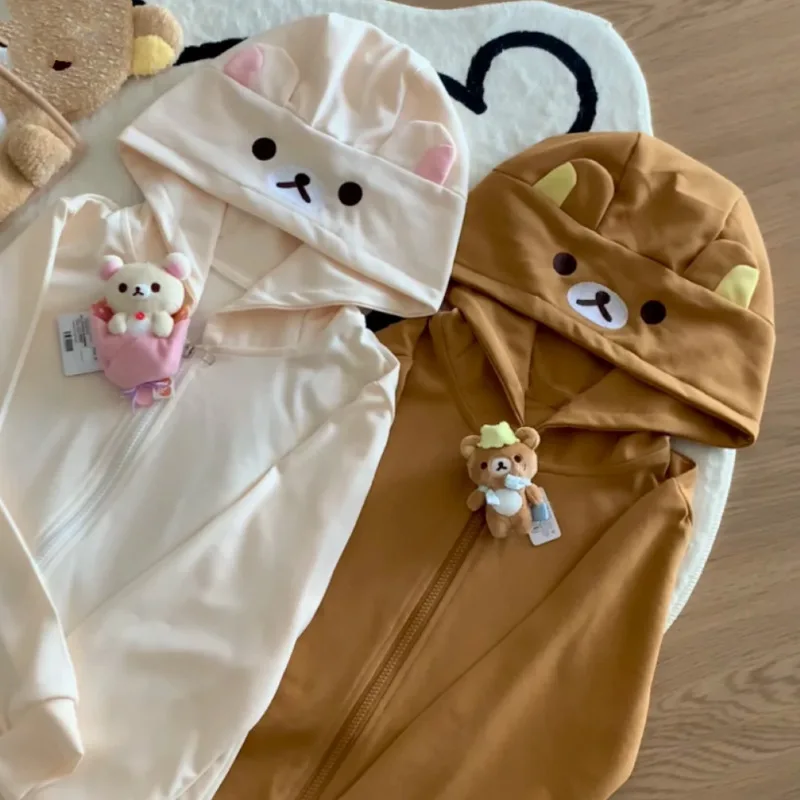 Rilakkuma-女性用ジップアップフーディ,テディベアの耳,長袖ジャケット,カジュアルカーディガン,コットンウェア,かわいいファッション