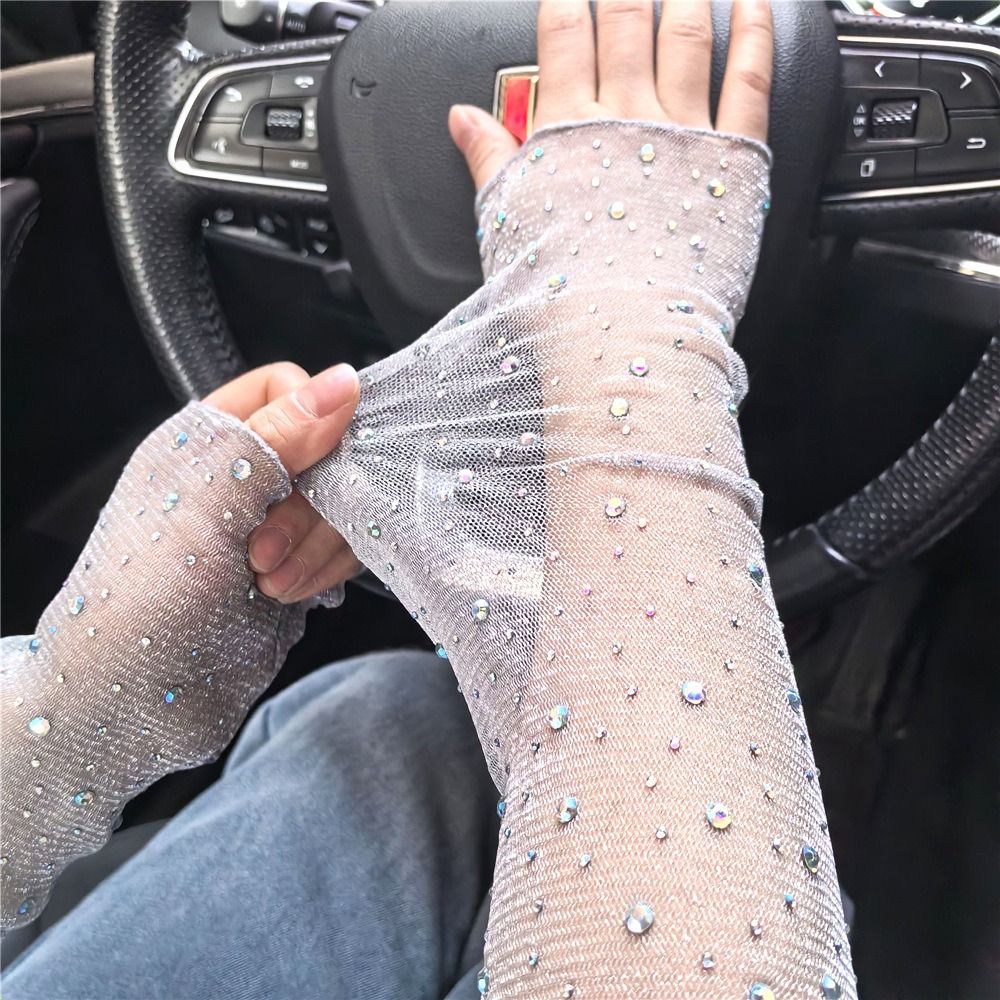 Mangas de brazo de cristal con protección solar para mujer, malla de manga larga de seda de hielo, Mangas de mano transpirables, Verano