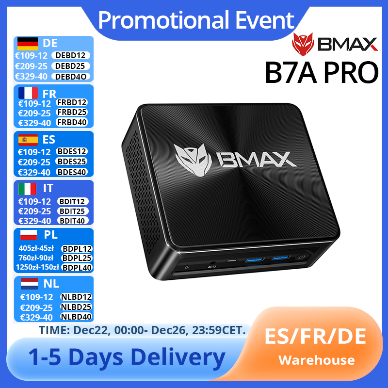 BMAX B7A Pro Mini Pc AMD Ryzen 5 7430U Procesador AMD Radeon Gráficos 16GB RAM 512GB SSD Windows 11 USB HDMI Tipo-C Bluetooth